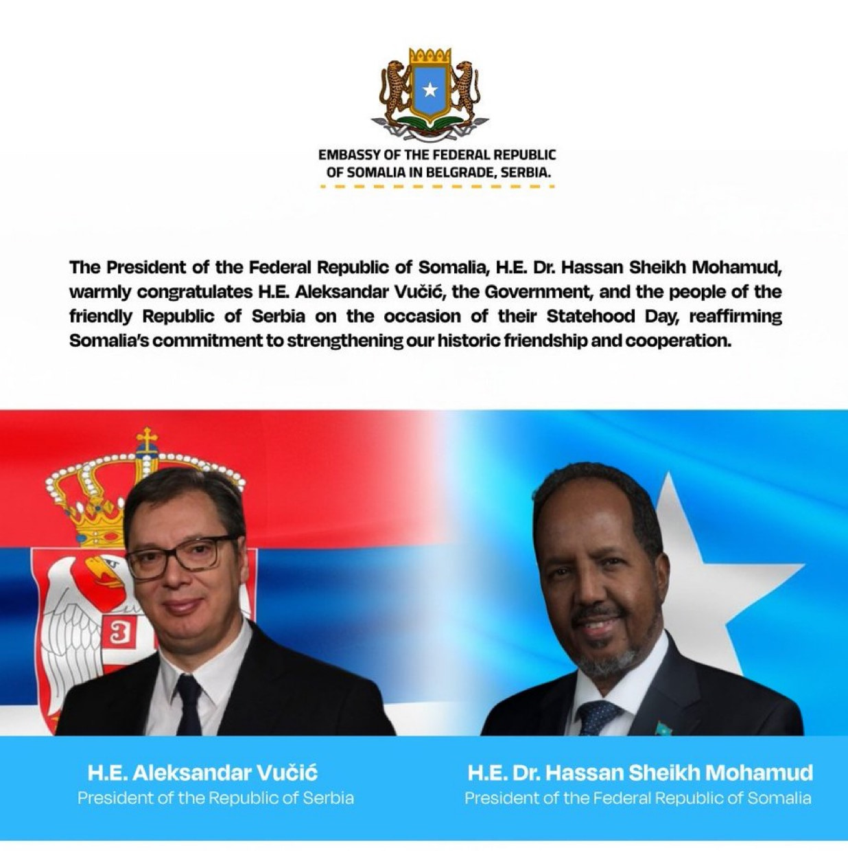 President Hassan Sheikh extends warm congratulations to the friendly Republic of Serbia