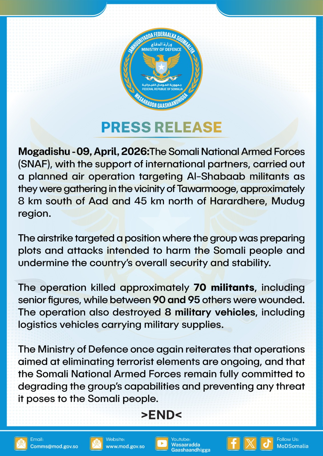SNAF and International Partners Neutralize 70 Al-Shabaab Militants in Major Airstrike in Mudug