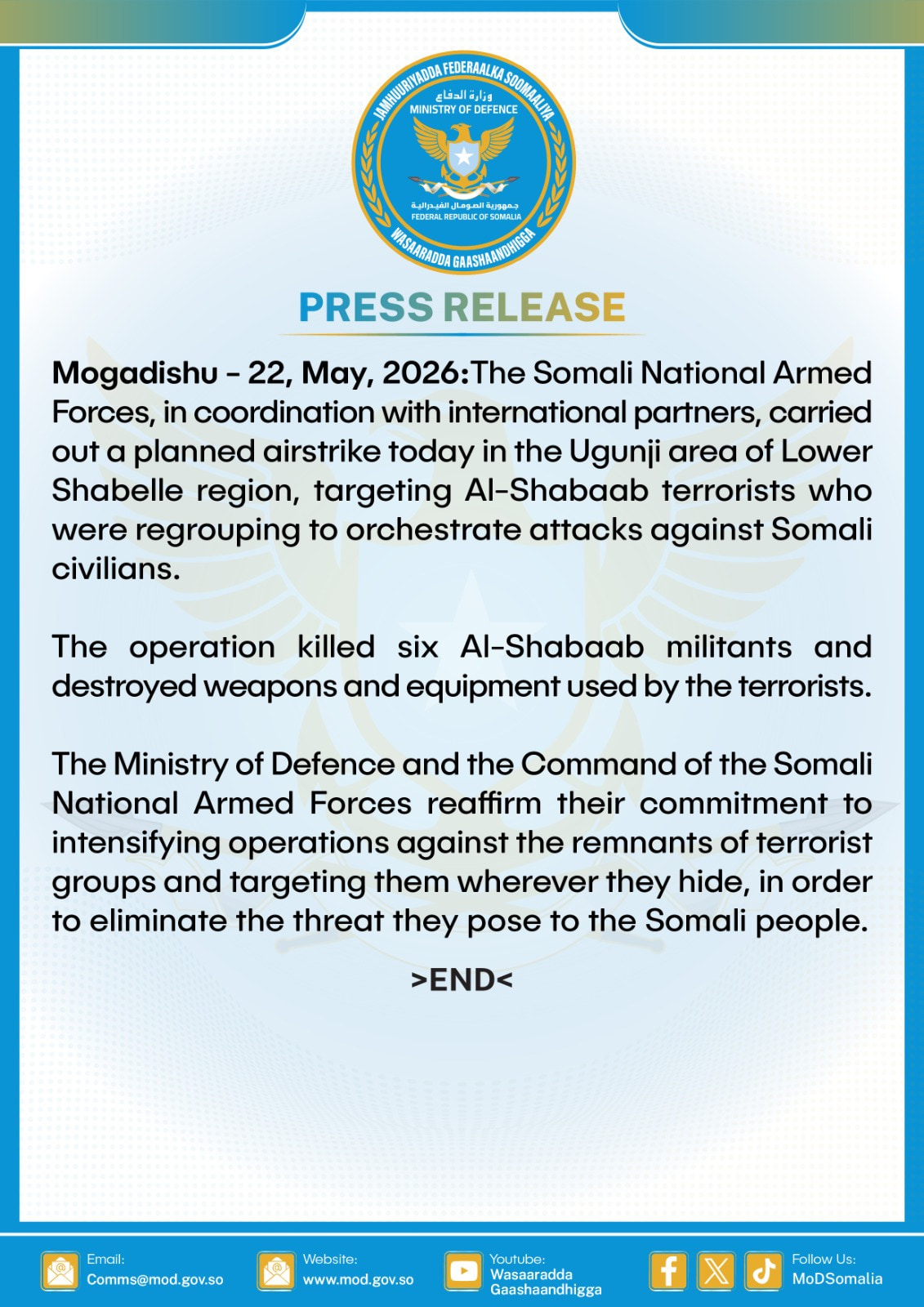 Somali National Army and International Allies Neutralize Al-Shabaab Terrorist Cells in Targeted Lower Shabelle Precision Strike